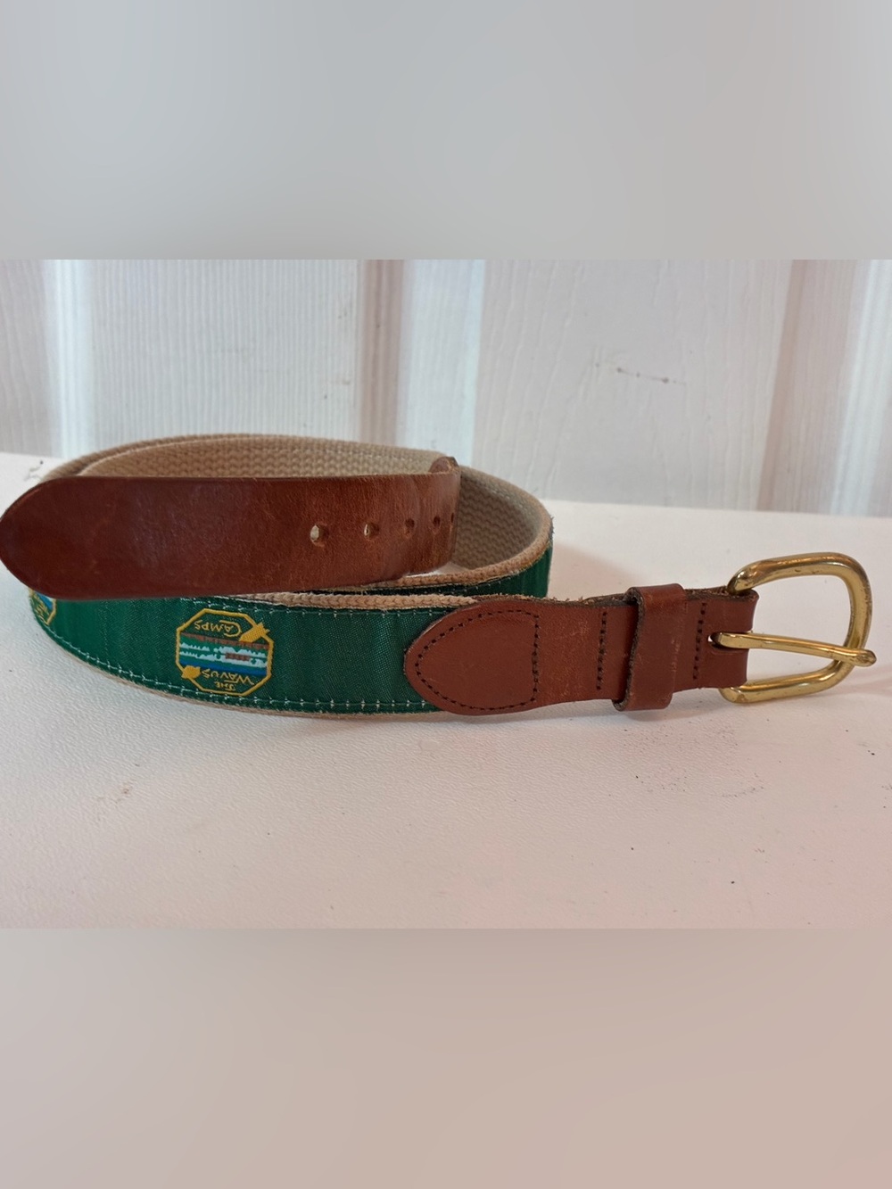 Vintage Leather Man Ltd Green Embroidered Camp Wavus Belt Brass Buckle Size 34